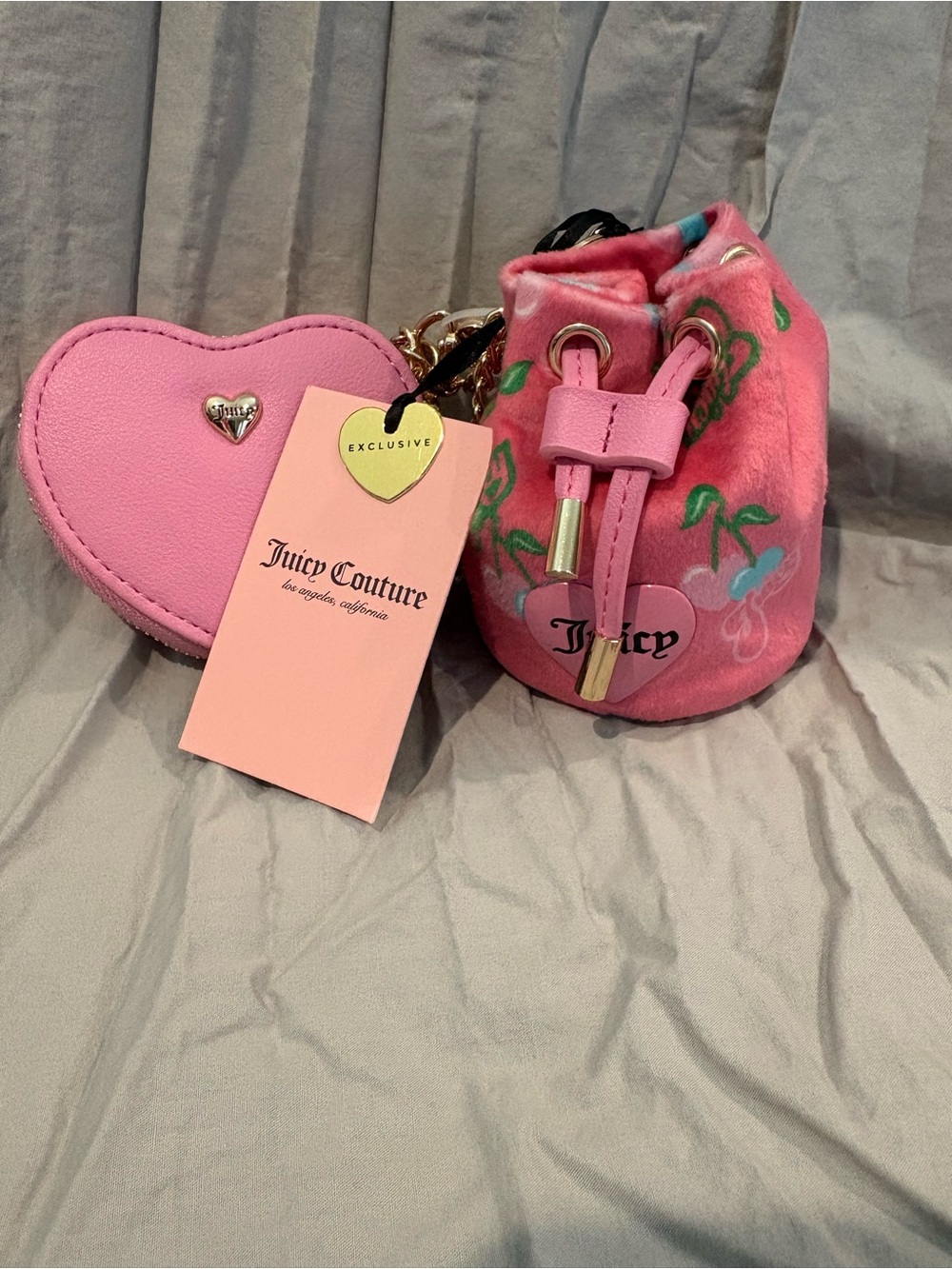 Juicy Couture Pink Velvet Heart Drawstring Mini Bag with Heart Coin Pouch